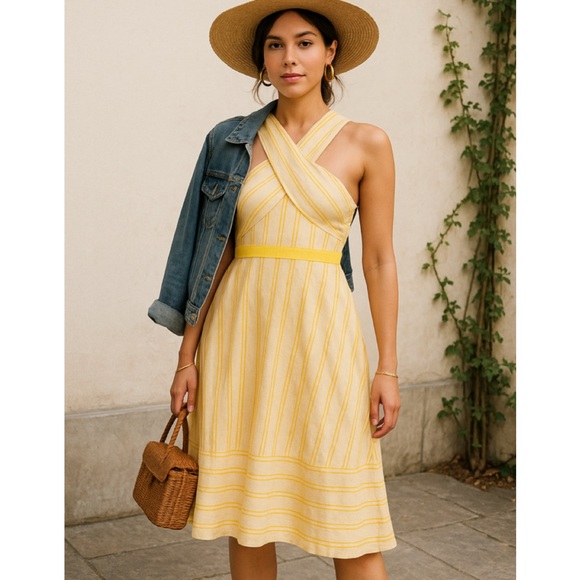 HD in Paris Anthropologie Yellow Stripe Halter Neck Midi Dress Size 8 - Picture 2 of 9